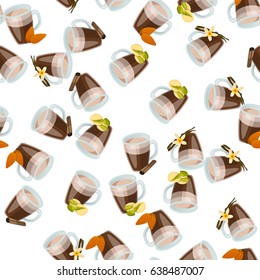 Very high quality original trendy vector seamless pattern with pistachio , vanilla, almonds, and cinnamon hot chocolate cup