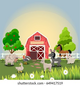 Very high quality original trendy vector illustration of happy and cheerful donkey, turkey, goose, horse, goat, sheep and rabbit