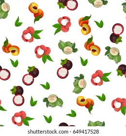 Very high quality original trendy vector seamless pattern with lychee, mangosteen, feijoa, peach, exotic tropical fruit
