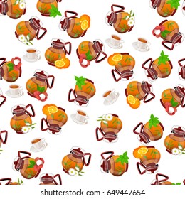 Very high quality original trendy vector seamless pattern teapot with chamomile, orange, lychee and mint tea