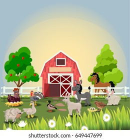 Very high quality original trendy vector illustration of happy and cheerful donkey, turkey, goose, horse, goat, duck, quail, sheep and rabbit