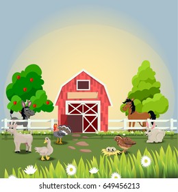 Very high quality original trendy vector illustration of happy and cheerful donkey, turkey, goose, horse, goat ,quail and rabbit