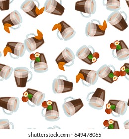 Very high quality original trendy vector seamless pattern with hazelnut and almonds hot chocolate cup