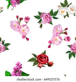 Very high quality original trendy realistic vector seamless pattern with rose bush or bouquet of roses