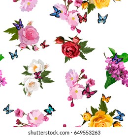 Very high quality original trendy realistic vector seamless pattern with rose bush or bouquet of roses