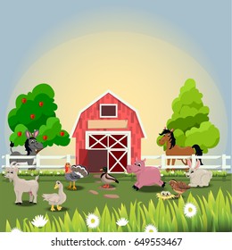 Very high quality original trendy vector illustration of happy and cheerful donkey, turkey, goose, horse, goat, duck, quail, pig and rabbit