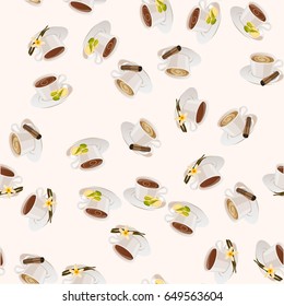 Very high quality original trendy vector seamless pattern with pistachio , vanilla and cinnamon hot chocolate cup