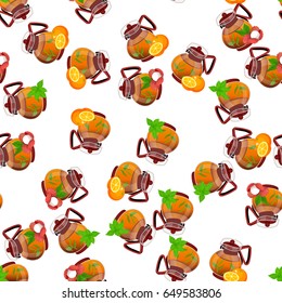 Very high quality original trendy vector seamless pattern teapot with lychee, orange and mint tea