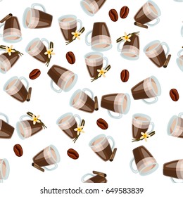 Very high quality original trendy vector seamless pattern with cinnamon and vanilla hot chocolate cup