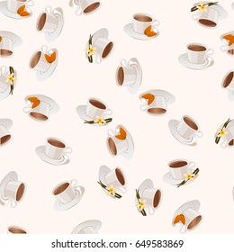 Very high quality original trendy vector seamless pattern with almonds and vanilla hot chocolate cup