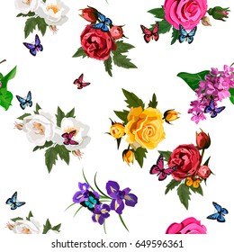 Very high quality original trendy realistic vector seamless pattern with rose bush or bouquet of roses