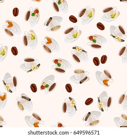 Very high quality original trendy vector seamless pattern with hazelnut, almonds, pistachio and cinnamon hot chocolate cup