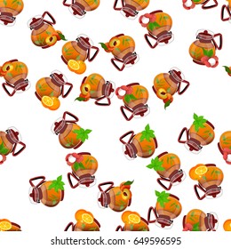 Very high quality original trendy vector seamless pattern teapot with peach, lychee, orange and mint tea
