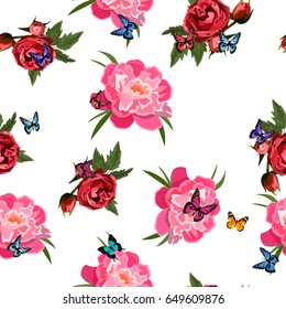 Very high quality original trendy realistic vector seamless pattern with rose bush or bouquet of roses
