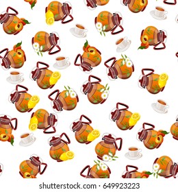 Very high quality original trendy vector seamless pattern teapot with peach, chamomile and lemon tea