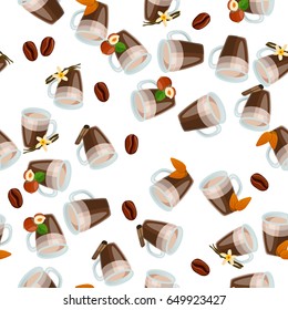 Very high quality original trendy vector seamless pattern with hazelnut, vanilla, almonds and cinnamon hot chocolate cup