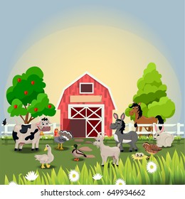 Very high quality original trendy vector illustration of happy and cheerful donkey, turkey, goose, horse, goat, duck, quail, cow and rabbit