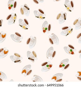 Very high quality original trendy vector seamless pattern with hazelnut, vanilla, almonds and cinnamon hot chocolate cup