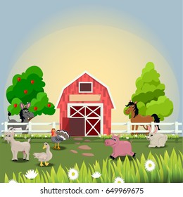 Very high quality original trendy vector illustration of happy and cheerful donkey, turkey, goose, horse, goat, pig and rabbit