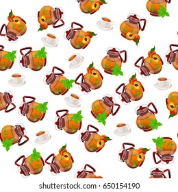 Very high quality original trendy vector seamless pattern teapot with peach and mint tea