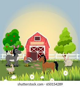 Very high quality original trendy vector illustration of happy and cheerful donkey, turkey, goose, horse and rabbit