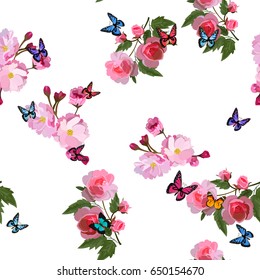 Very high quality original trendy realistic vector seamless pattern with rose bush or bouquet of roses