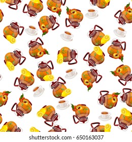 Very high quality original trendy vector seamless pattern teapot with peach and lemon tea