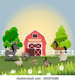 Very high quality original trendy vector illustration of happy and cheerful donkey, turkey, goose, horse, duck and rabbit