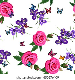 Very high quality original trendy realistic vector seamless pattern with rose bush or bouquet of roses