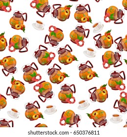 Very high quality original trendy vector seamless pattern teapot with peach and lychee tea