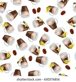 Very high quality original trendy vector seamless pattern with pistachio and vanilla hot chocolate cup