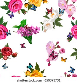 Very high quality original trendy realistic vector seamless pattern with rose bush or bouquet of roses