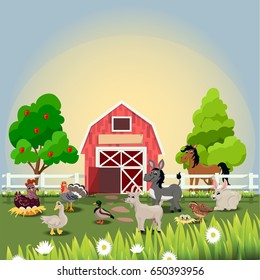 Very high quality original trendy vector illustration of happy and cheerful donkey, turkey, goose, horse, goat, duck, quail, hen and rabbit