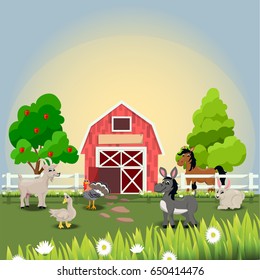 Very high quality original trendy vector illustration of happy and cheerful donkey, turkey, goose, horse, goat and rabbit