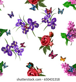 Very high quality original trendy realistic vector seamless pattern with rose bush or bouquet of roses