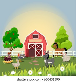 Very high quality original trendy vector illustration of happy and cheerful donkey, turkey, goose, horse, hen and rabbit