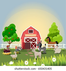 Very high quality original trendy vector illustration of happy and cheerful donkey, turkey, goose, horse, goat, hen and rabbit