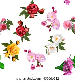 Very high quality original trendy realistic vector seamless pattern with rose bush or bouquet of roses