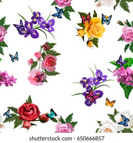 Very high quality original trendy realistic vector seamless pattern with rose bush or bouquet of roses