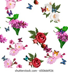 Very high quality original trendy realistic vector seamless pattern with rose bush or bouquet of roses