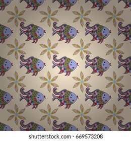 Very high quality original trendy seamless pattern with Powder Tang fish. Vector illustration. Sea fish on colored background.