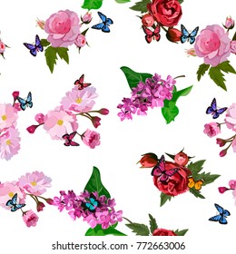 Very high quality original trendy realistic vector seamless pattern with rose bush or bouquet of roses