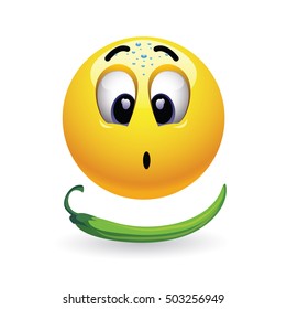 Very hot chili pepper causing pain and fear with smiley who eats it. Humoristic vector illustration. Hot pepper challenge