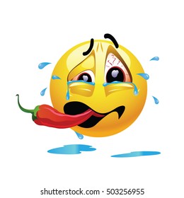 Very hot chili pepper causing pain and fear with smiley who eats it. Humoristic vector illustration. Shock because of the first bite. Smileys eating chili. Making funny faces.
