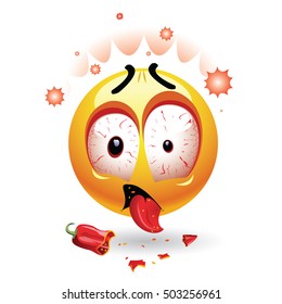 Very hot chili pepper causing pain and fear with smiley who eats it. Humoristic vector illustration. Smileys eating chili. Making funny faces. Shock because of the first bite.
