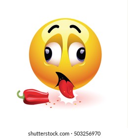 Very hot chili pepper causing pain and fear with smiley who eats it. Humoristic vector illustration. Smileys eating chili. Making funny faces. Shock because of the first bite. 
