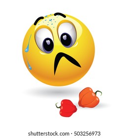 Very hot chili pepper causing pain and fear with smiley who eats it. Humoristic vector illustration. Hot pepper challenge.