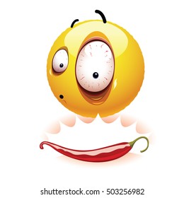 Very hot chili pepper causing pain and fear with smiley who eats it. Humoristic vector illustration. Hot pepper challenge.