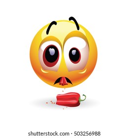 Very hot chili pepper causing pain and fear with smiley who eats it. Humoristic vector illustration. Shock because of the first bite. Hot pepper challenge.