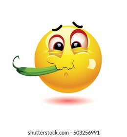 Very hot chili pepper causing pain and fear with smiley who eats it. Humoristic vector illustration. Smileys eating chili. Making funny faces. Shock because of the first bite. 
